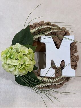 MONOGRAMMED Green Hydrangea Burlap Wreath with White Wooden Letter “M” 16”x16”